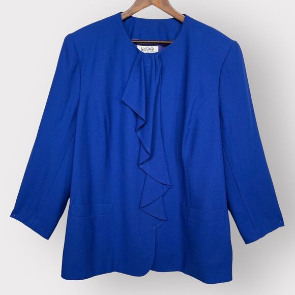 Kasper II Jacket Women Size 22 Blue Concealed Buttons Ruffled Long Sleeve Pocket - Picture 1 of 12